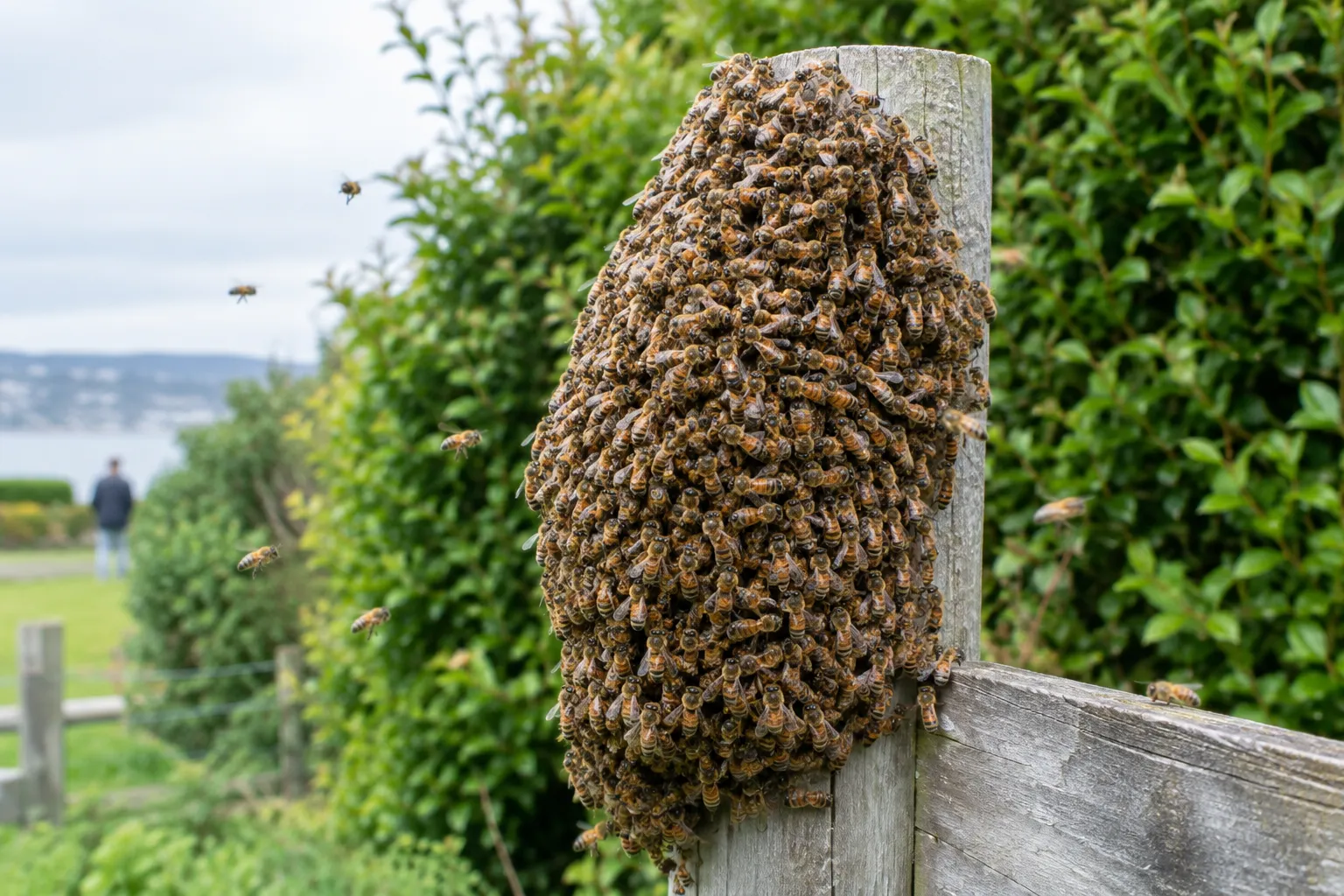 A honey bee swarm clustered on a wooden fence post in a garden